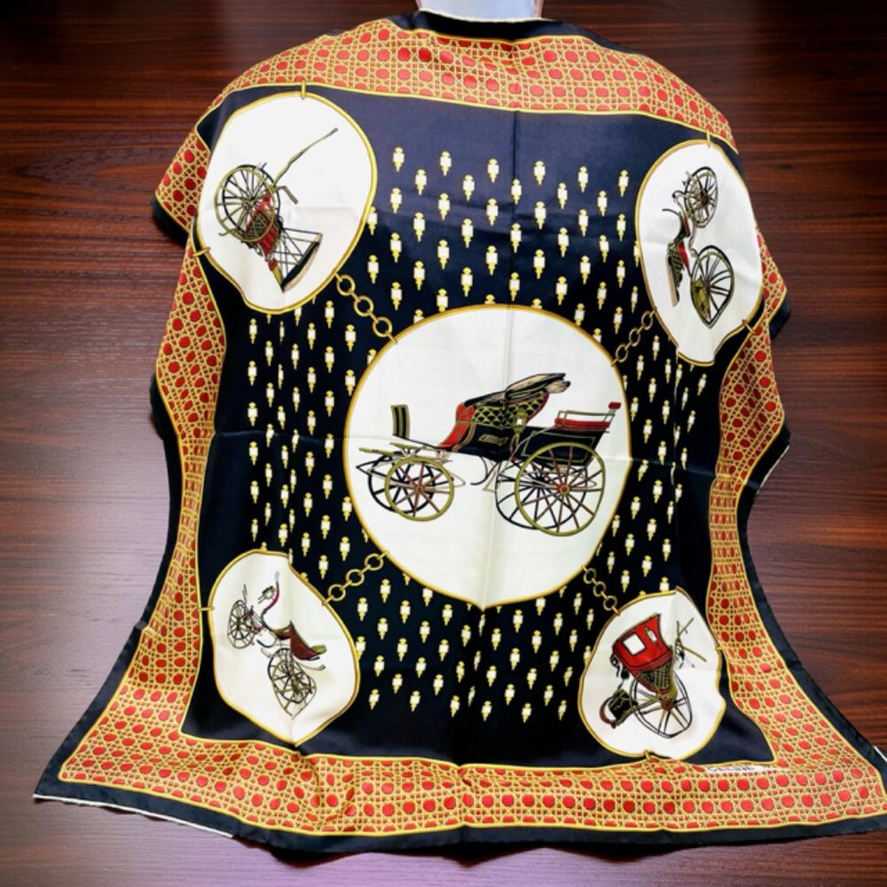 CELINE Paris 100% Silk Satin Scarf 34" beige black gold carriage France  Made(60
